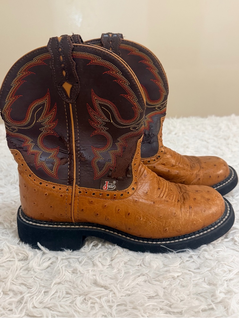 Justin Gypsy Cognac Ostrich Print Leather Cowgirl Boots Womens Size 7.5